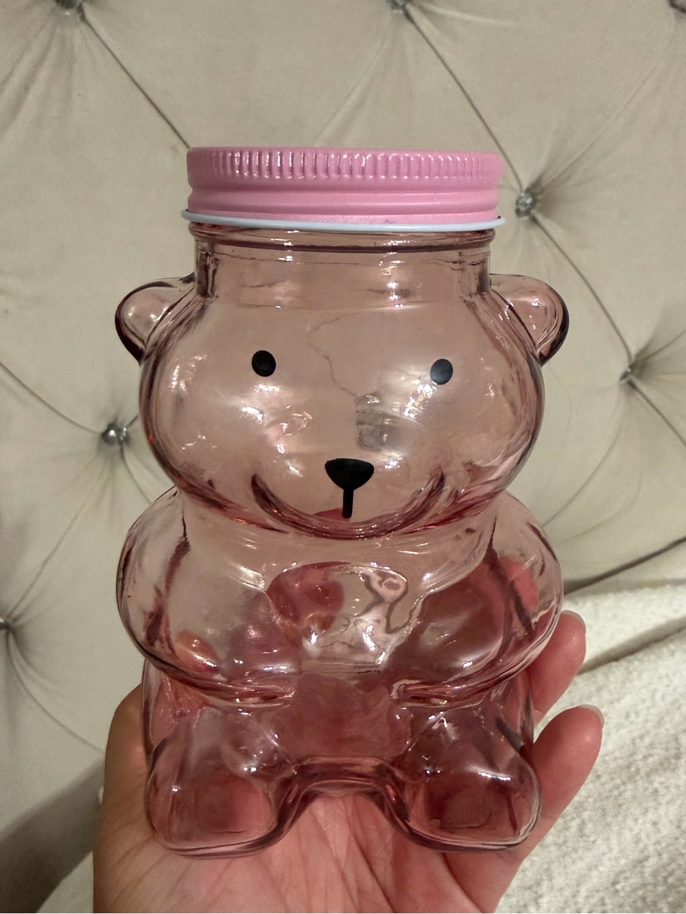 Pink Glass Bear Jar with Pink Lid - Cute Party Candy Decor Container